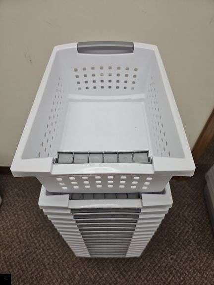 18 sterilite plastic storage baskets, stackable