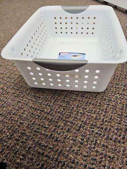 Eight sterilite plastic storage baskets