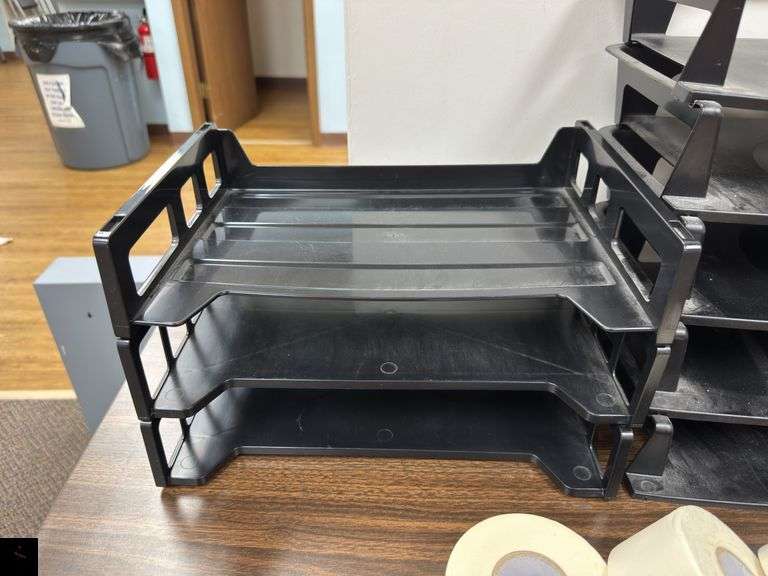 Plastic Desk Organizers and office supplies (contents only, table listed separately)