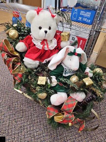 Teddy Bear and Bunny Rabbit on sled Christmas decoration