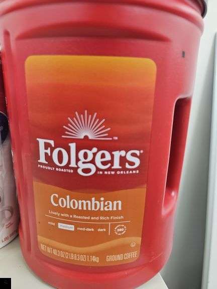 Unopened Folgers ground coffee, sugar and creamer