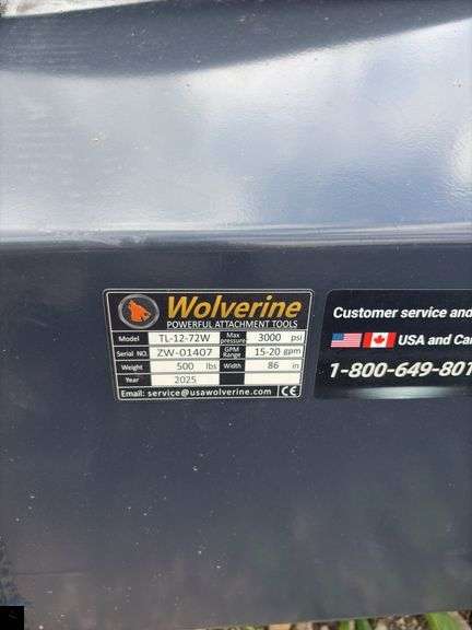 Wolverine TL-12-72W Skid Steer Hydraulic Rotary Tiller Attachment
