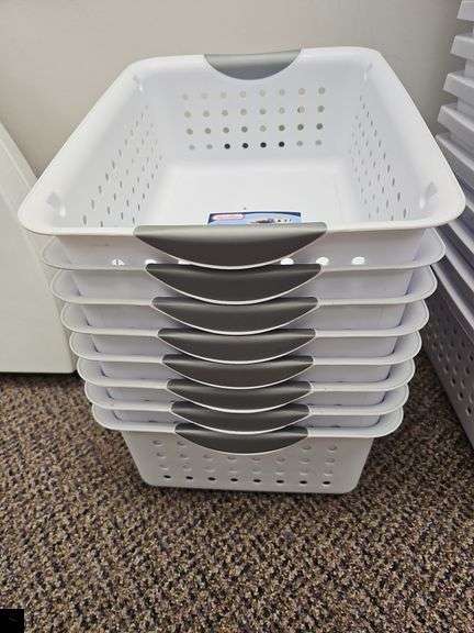 Eight sterilite plastic storage baskets