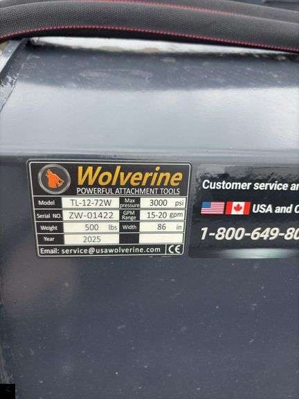 Wolverine TL-12-72W Skid Steer Hydraulic Rotary Tiller Attachment