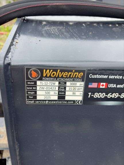 Wolverine TL-12-72W Skid Steer Hydraulic Rotary Tiller Attachment