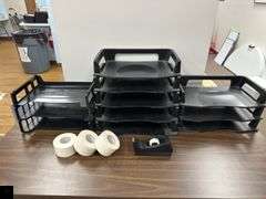 Plastic Desk Organizers and office supplies (contents only, table listed separately)