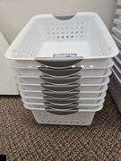Eight sterilite plastic storage baskets