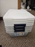 Three Project Source 15 qt storage totes with lids