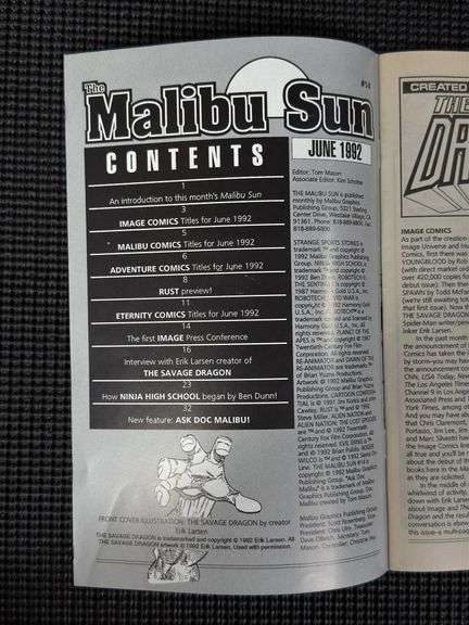 Malibu Comics, The Malibu Sun, #14, June 1992, features the first published appearance of The Savage Dragon, and an interview with creator Erik Larsen