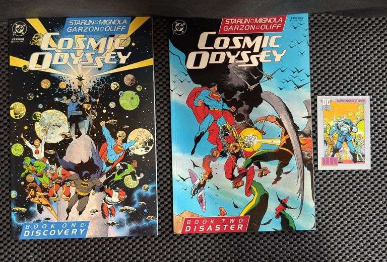 DC Comics, Cosmic Odyssey, Book One and Book Two (of 4), 1988. And Earth’s Mightiest Heroes: Blue Devil Trading Card.