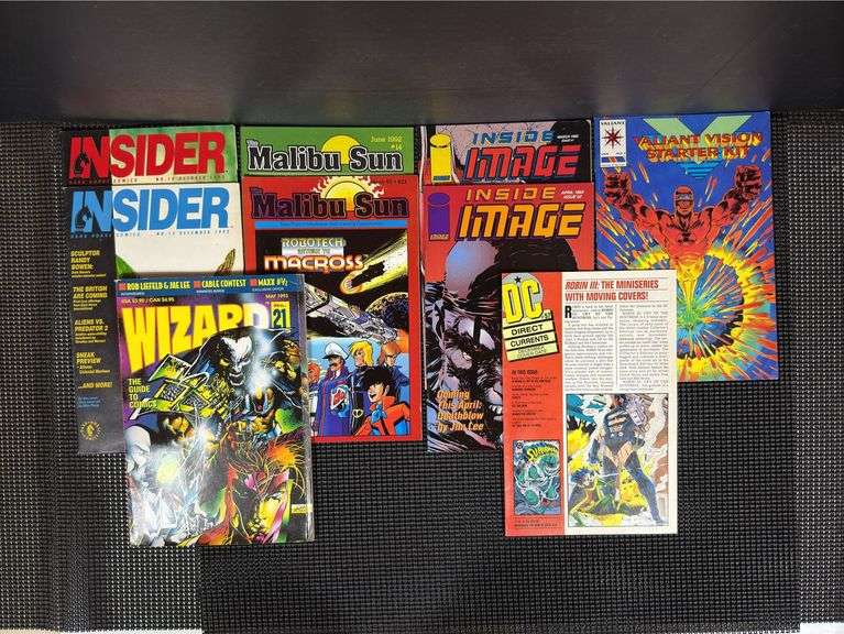Collection of miscellaneous comic books and trade magazines (no plastic): Insider Dark Horse Comics, The Malibu Sun, Inside Image, Valiant Vision Starter Kit, Wizard-The Guide to Comics, DC Direct Currents