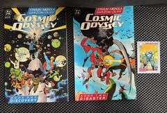 DC Comics, Cosmic Odyssey, Book One and Book Two (of 4), 1988. And Earth’s Mightiest Heroes: Blue Devil Trading Card.