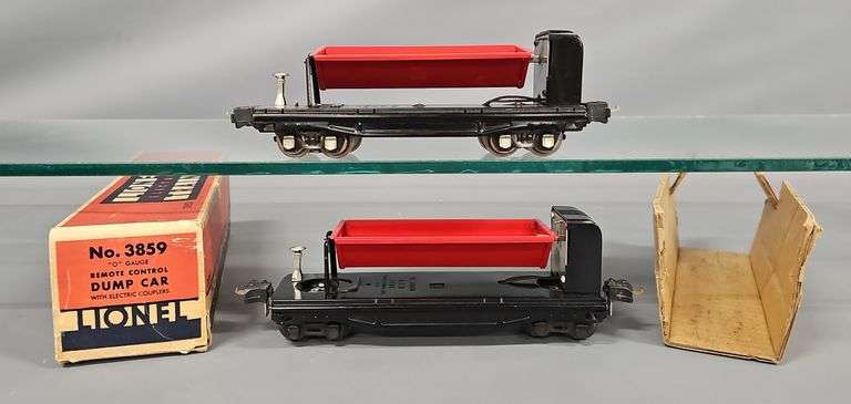 Two Lionel Postwar O 3859 Remote Control Dump Cars with OB image