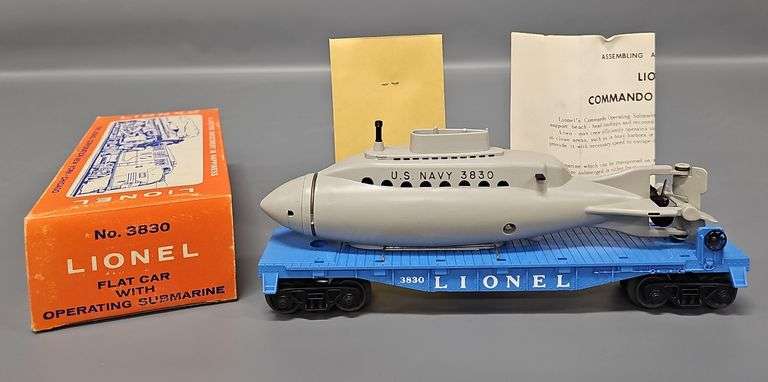 Unrun Lionel Postwar O 3830 Flat Car with Operating Submarine in Original Box image