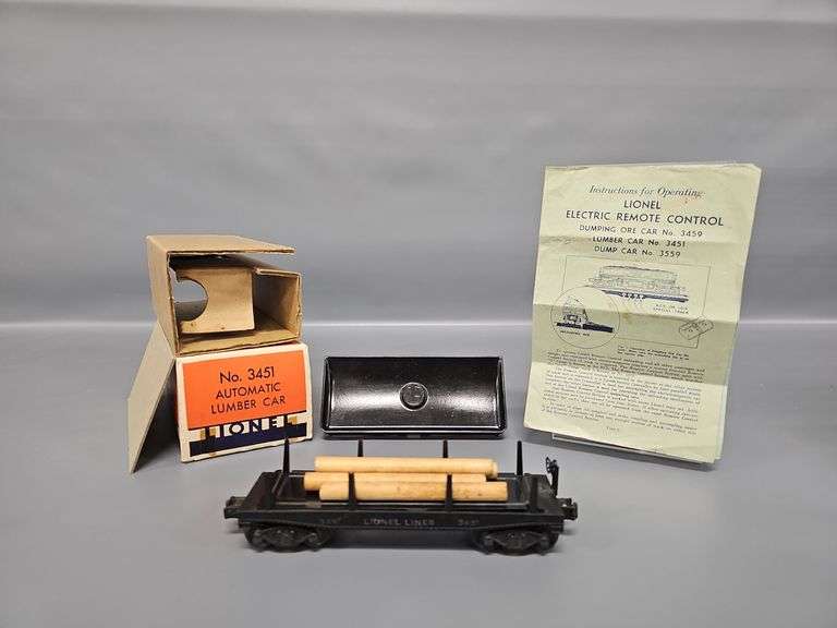 Lionel Postwar O Rubber Stamped 3451 Automatic Lumber Car in Brick Original Box image