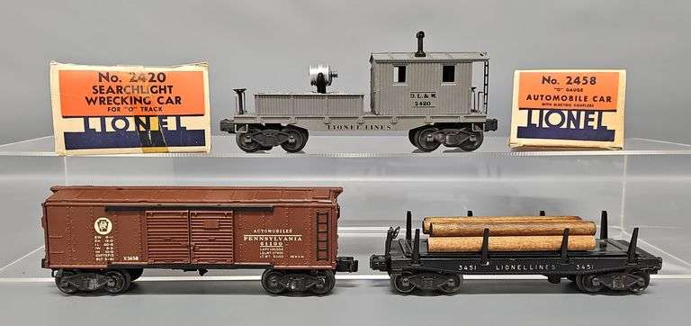Lionel Postwar O 2458 box car, 3451 Log Car and 2420 Searchlight Caboose w/ Two OBs image
