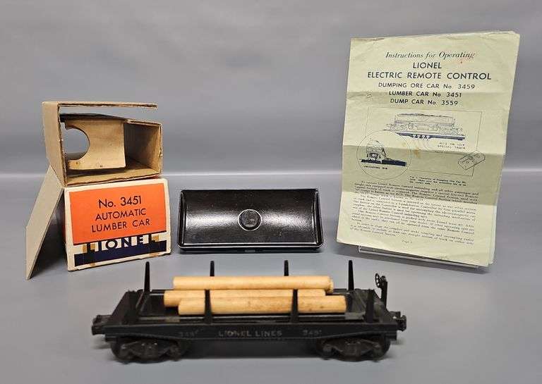 Lionel Postwar O Rubber Stamped 3451 Automatic Lumber Car in Brick Original Box image