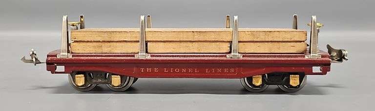 Beautiful Lionel Prewar O Gauge Wine or Maroon 811 Flat Car  w/ Lumber Load image