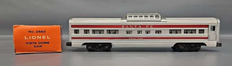 Lionel Postwar O 2562 Santa Fe Red Stripe Regal Pass Vista Dome Passenger Car in Scarce Perforated Original Box image