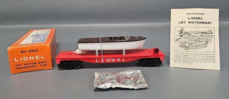 Mint Lionel Postwar O 6501 Jet Motor Boat Transport Car in BRICK Original Box image