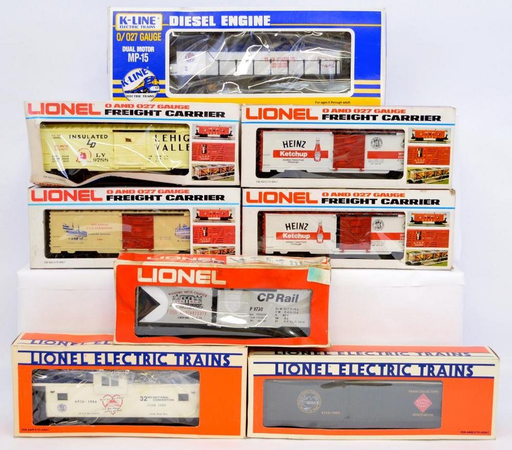 Eight Lionel MPC O gauge TCA convention cars in original boxes