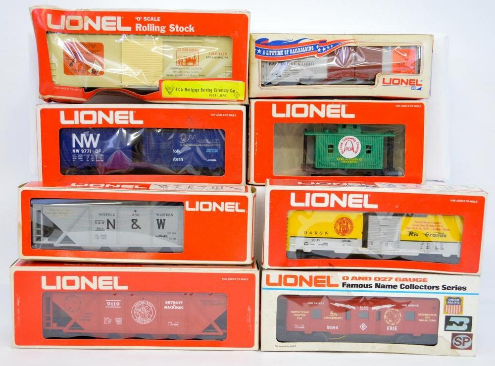 Eight Lionel MPC O gauge TCA convention cars in original boxes