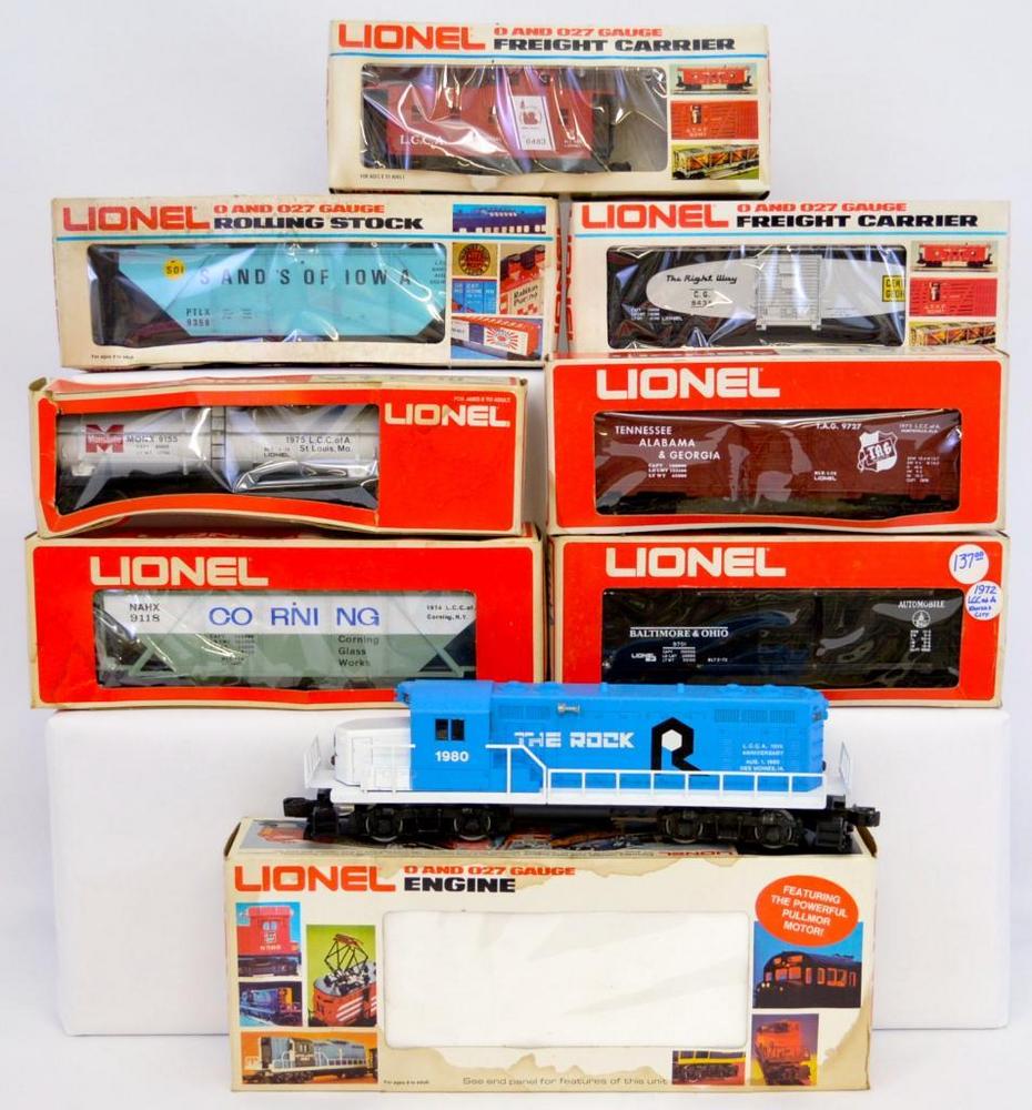 Eight Lionel LCCA O gauge cars and locomotive in original boxes