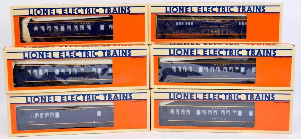 Six Lionel O gauge Wabash passenger cars in original boxes