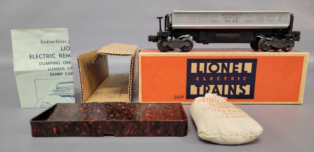 Scarce early postwar Lionel O gauge unpainted silver 3459 automatic dumping ore car in original box