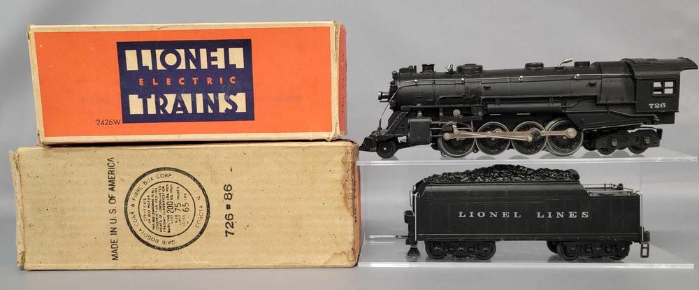 Postwar Lionel O gauge 726 and 2426 steam locomotive and tender in original boxes