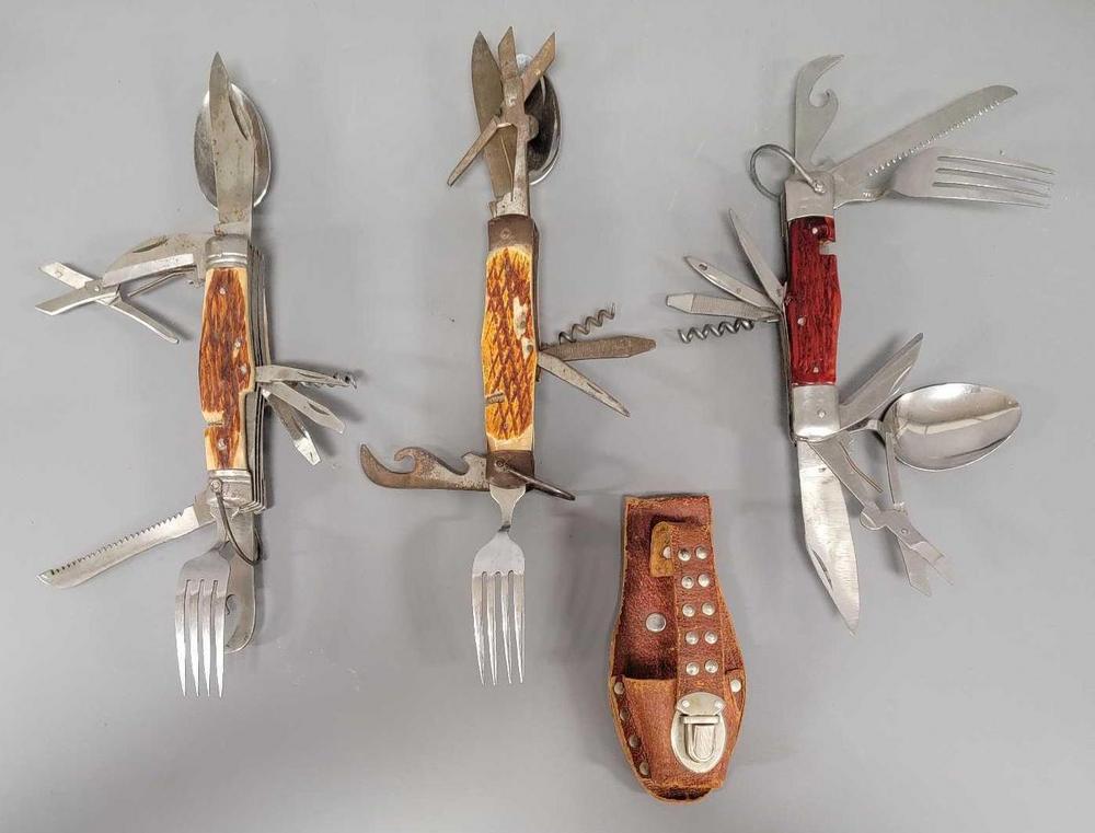 Three vintage multi tool hobo pocket knives with one scabbard