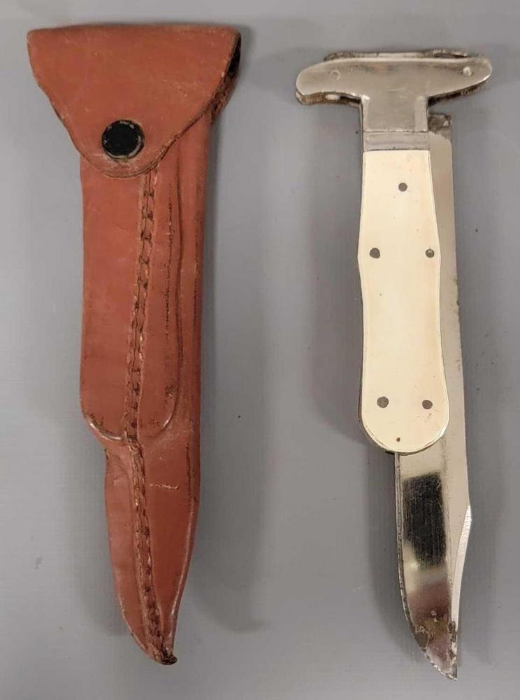 Vintage custom KCW lever folding Bowie knife with sheath