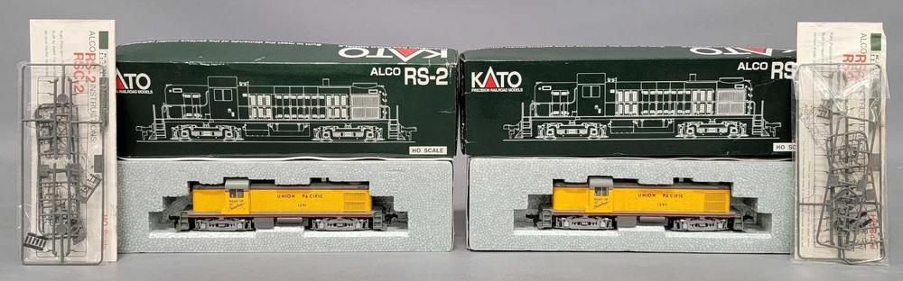 Two Kato HO scale Union Pacific RS-2 diesel switchers in original boxes