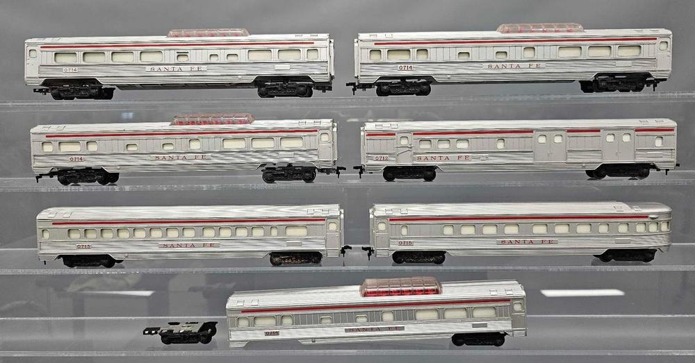 Seven Lionel postwar HO Santa Fe streamlined passenger cars