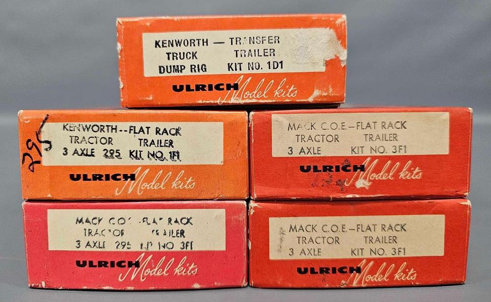 Five mint unbuilt Ulrich HO scale die cast semi tractor trailer kits in original boxes