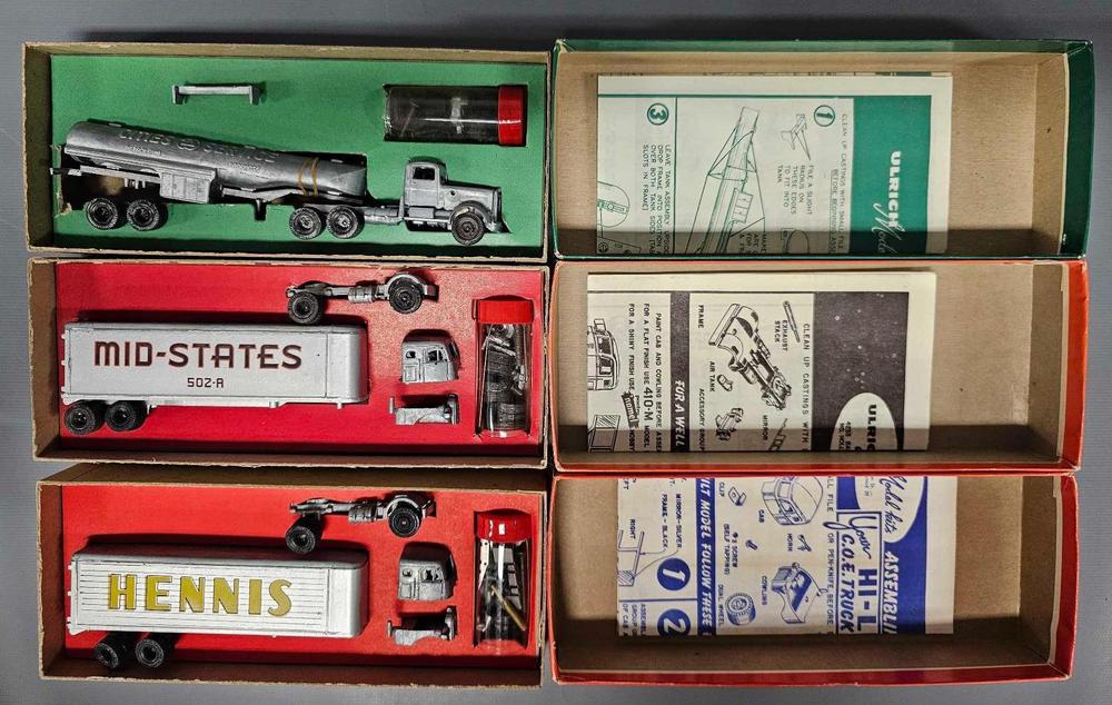 Three mint unbuilt Ulrich HO scale die cast semi tractor trailer kits in original boxes