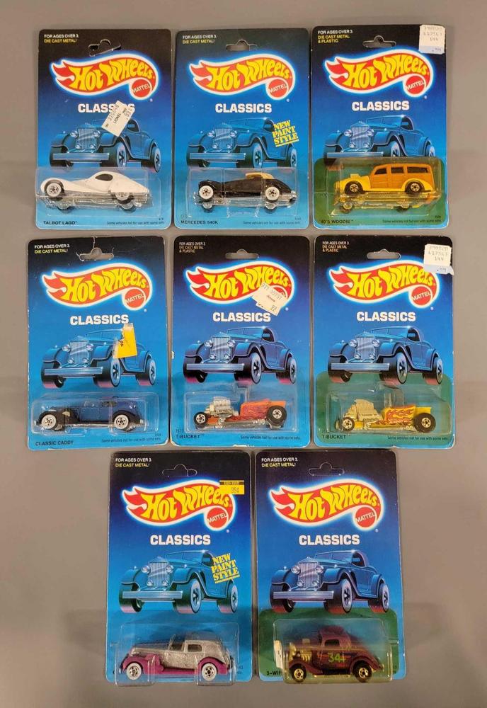 Eight blackwall Hot Wheels Classics on blister cards