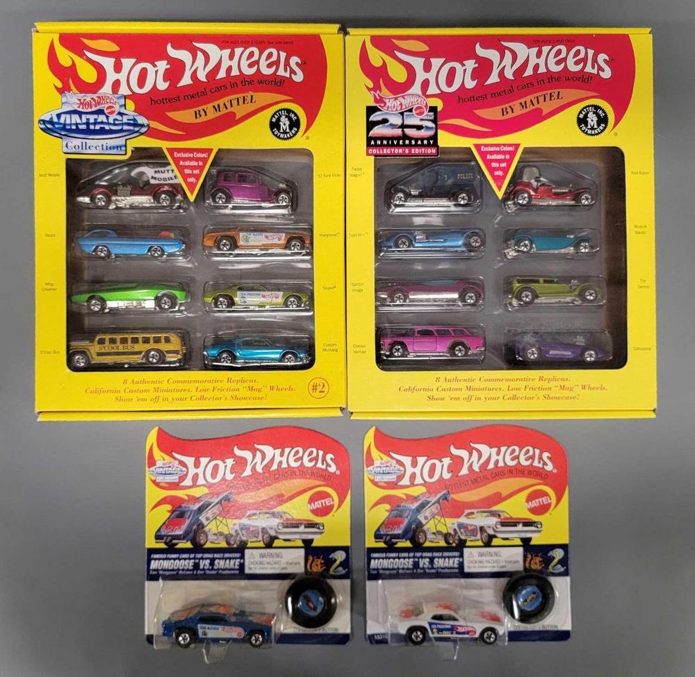 Hot Wheels 25th anniversary and Vintage Series box sets plus Snake and Mongoose on blister cards