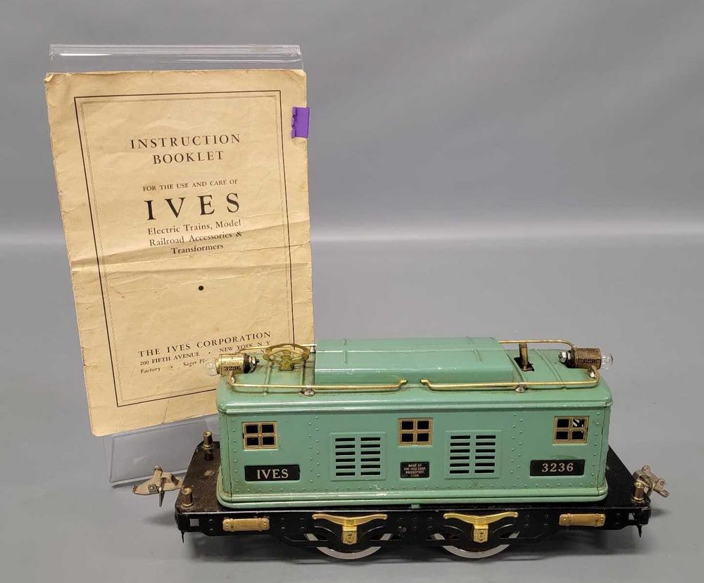 Ives prewar 3236 Cadet Blue box cab electric locomotive with Ives Instruction Booklet