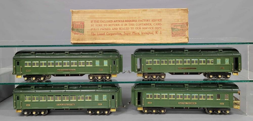 Lionel prewar standard gauge two tone green state set cars 412 413 414 416 with 414 original box
