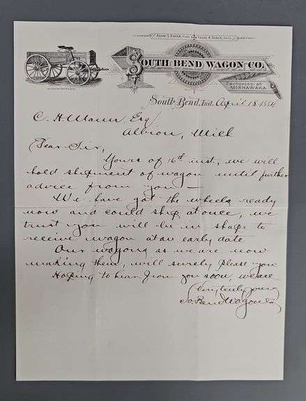 South Bend Wagon Co. Letter Dated 1884 image