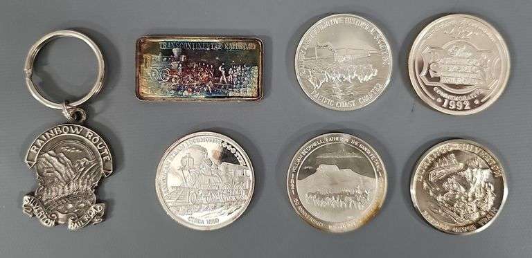 Collection of Silver Railroad Commemorative Coins and Keychain