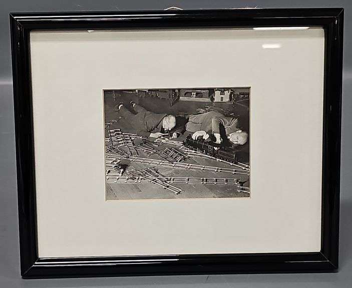 Framed Black and White Photo of Men with German Gauge 2 3 or 4 live steam locomotive