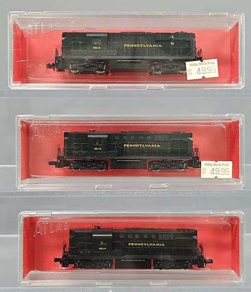 Three Atlas N Scale RS-11 Pennsylvania Diesel locomotives in original boxes