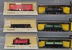 Twenty-seven Bachmann N Scale Freight Cars with one Diesel Locomotive in Clear Cases
