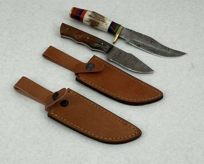 Handmade Damascus Steel Knife Set with Sheaths One Stag Handle image