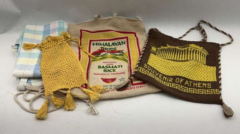 Souvenir of Athens Bag, Himalayan Pride Basmati Rice Sack, and Yellow Tasseled Bag image