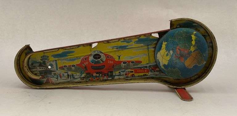 Vintage Tin Litho Wind-Up Toy - Airplane and Globe image