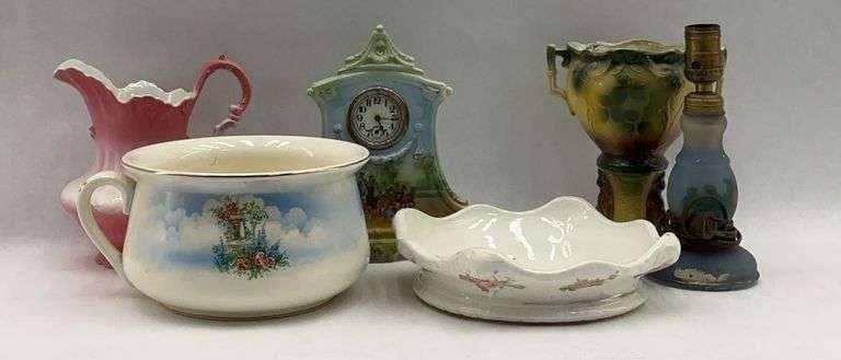Assorted Ceramic Vases, Bowls, and Miniature Clock image