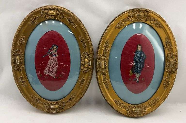 Pair of Oval Needlepoint Portraits in Ornate Frames image